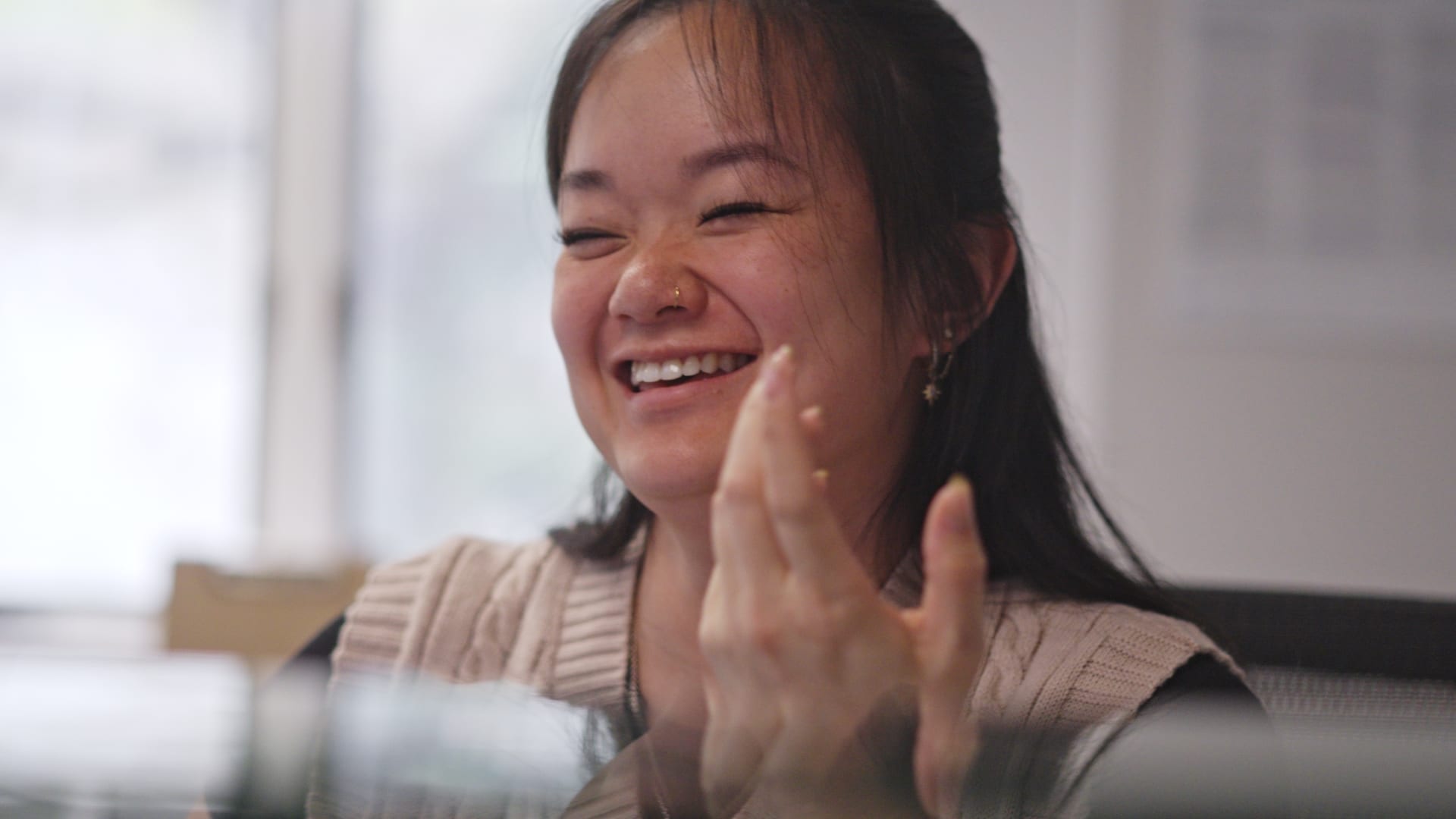 A client laughing during a group at Valley Spring Recovery Center A client laughs during a group at Valley Spring Recovery Center in Norwood, NJ